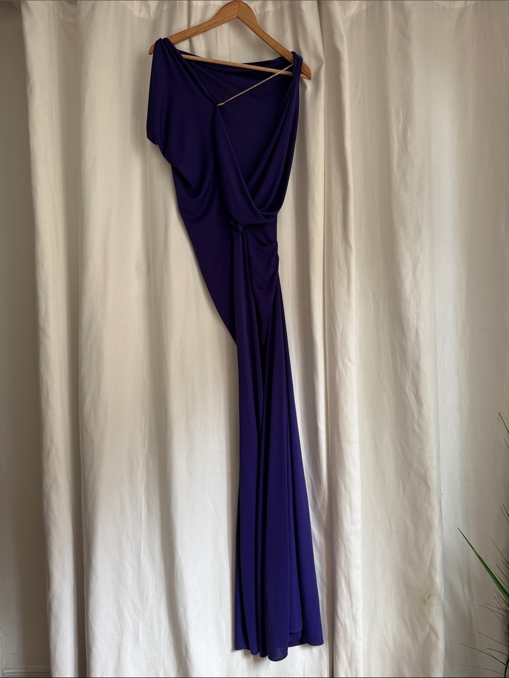 BCBGMaxAzria One-Shoulder Deep Purple Draped Maxi Dress